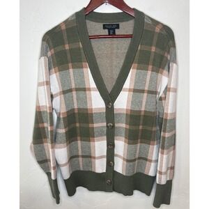 Rachel Zoe Olive Green Plaid Button Front V-Neck Cardigan Sweater Womens Medium